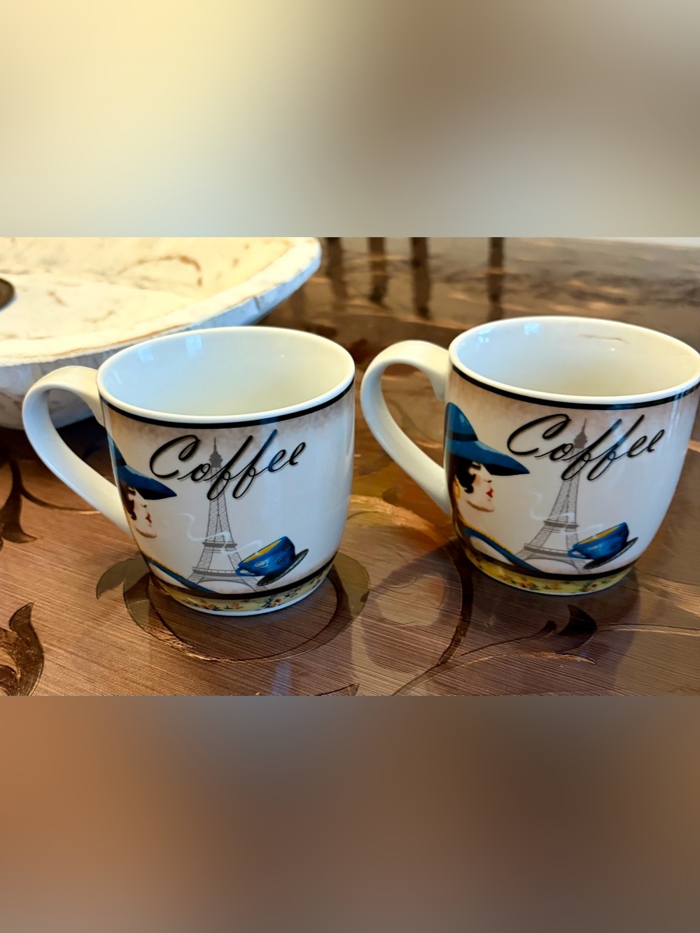 Decorative White Coffee Mug with Blue Accent - Paris Design